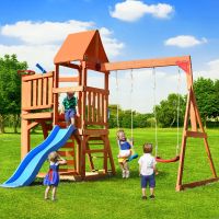 Wooden Swing Set with Slide;  Climbing wall;  Sandbox and Wood Roof;  Outdoor Playhouse Backyard Activity Playground Playset for Toddlers