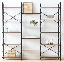 Retro 5-Tier Wood Book Shelf w/ Adjustable Bottom Small Feet Pads, X Shaped Metal Frame