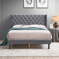 Velvet Button Tufted-Upholstered Bed with Wings Design - Strong Wood Slat Support - Easy Assembly
