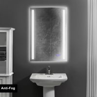 24 x 36 Inch Frameless LED Illuminated Bathroom Mirror; Touch Button Defogger; Metal; Vertical Stripes Design; Silver; DunaWest