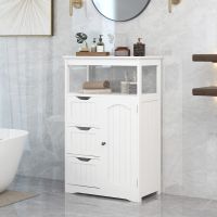 White Bathroom Cabinet, Freestanding Multi-Functional Storage Cabinet with Door and 3 Drawers, MDF Board with Painted Finish