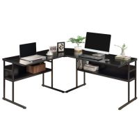 L Shaped Computer Desk, Home Office Desk with Bookshelves and Tiltable Desktop for Artist or Student, Black