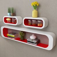 3 White-Red MDF Floating Wall Display Shelf Cubes Book/DVD Storage