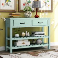 Retro Console Table for Entryway with Drawers and Shelf Living Room Furniture (Antique Blue) AL