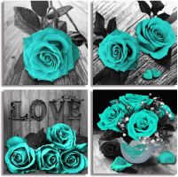 Large Teal Rose Flowers Canvas Prints Black and White Wall Art Turquoise Floral Pictures for Home Bedroom Bathroom Decoration
