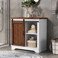 Bathroom Storage Cabinet; Freestanding Accent Cabinet; Sliding Barn Door; Thick Top; Adjustable Shelf; White and Brown