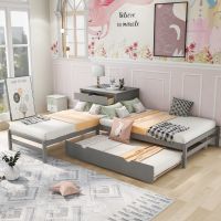 L-Shaped Full Size and Twin Size Platform Beds with Twin Size Trundle and Drawer Linked with Built-in Rectangle Table; Gray