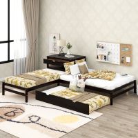 L-Shaped Full Size and Twin Size Platform Beds with Twin Size Trundle and Drawer Linked with Built-in Rectangle Table; Espresso