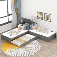 L-shaped Platform Bed with Trundle and Drawers Linked with built-in Flip Square Table; Twin; Gray