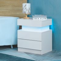 Modern White Nightstand with LED Light 2 Drawers Flipping Top Storage Bedroom Furniture bedside table