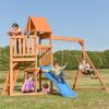 Wooden Swing Set with Slide;  Climbing wall;  Sandbox and Wood Roof;  Outdoor Playhouse Backyard Activity Playground Playset for Toddlers