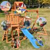 Wooden Swing Set with Slide;  Climbing wall;  Sandbox and Wood Roof;  Outdoor Playhouse Backyard Activity Playground Playset for Toddlers