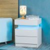 Modern White Nightstand with LED Light 2 Drawers Flipping Top Storage Bedroom Furniture bedside table