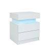 Modern White Nightstand with LED Light 2 Drawers Flipping Top Storage Bedroom Furniture bedside table