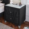 Contemporary Velvet Upholstered Glass Top Nightstand End table with Two Drawers Gray Solid Wood