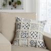 18 x 18 Square Cotton Accent Throw Pillow; Fluffy Fringes; Soft Block Print Raised Pattern; Cream; Blue; DunaWest