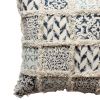 18 x 18 Square Cotton Accent Throw Pillow; Fluffy Fringes; Soft Block Print Raised Pattern; Cream; Blue; DunaWest