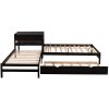 L-Shaped Full Size and Twin Size Platform Beds with Twin Size Trundle and Drawer Linked with Built-in Rectangle Table; Espresso