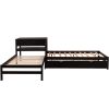 L-Shaped Full Size and Twin Size Platform Beds with Twin Size Trundle and Drawer Linked with Built-in Rectangle Table; Espresso