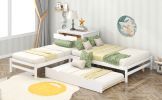 L-Shaped Full Size and Twin Size Platform Beds with Twin Size Trundle and Drawer Linked with Built-in Rectangle Table; White