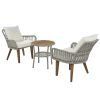 Patio 3-Piece Bistro Set Woven-Rope Conversation Set with Wood Tabletop and Cushions for Balcony, Gray Rope+Beige Fabric