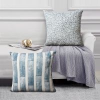 18 x 18 Square Cotton Accent Throw Pillow; Floral and Block Stripe Pattern; Set of 2; White; Blue; DunaWest