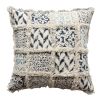 18 x 18 Square Cotton Accent Throw Pillow; Fluffy Fringes; Soft Block Print Raised Pattern; Cream; Blue; DunaWest