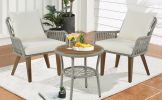 Patio 3-Piece Bistro Set Woven-Rope Conversation Set with Wood Tabletop and Cushions for Balcony, Gray Rope+Beige Fabric