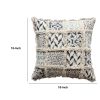 18 x 18 Square Cotton Accent Throw Pillow; Fluffy Fringes; Soft Block Print Raised Pattern; Cream; Blue; DunaWest