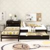 L-Shaped Full Size and Twin Size Platform Beds with Twin Size Trundle and Drawer Linked with Built-in Rectangle Table; Espresso