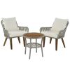 Patio 3-Piece Bistro Set Woven-Rope Conversation Set with Wood Tabletop and Cushions for Balcony, Gray Rope+Beige Fabric