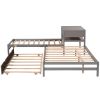 L-Shaped Full Size and Twin Size Platform Beds with Twin Size Trundle and Drawer Linked with Built-in Rectangle Table; Gray