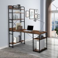 Free shipping Home Office computer desk,Metal frame and MDF board/5 tier open bookshelf/Plenty storage space (Color: Brown)