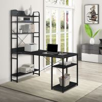 Free shipping Home Office computer desk,Metal frame and MDF board/5 tier open bookshelf/Plenty storage space (Color: Black)