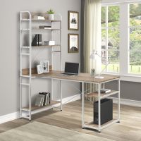 Free shipping Home Office computer desk,Metal frame and MDF board/5 tier open bookshelf/Plenty storage space (Color: Oak)
