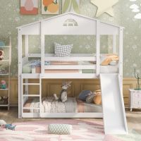 Twin over Twin House Bunk Bed with Convertible Slide and Ladder,Converts into 2 Separate Platform Beds (Color: White)