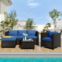 Outdoor, Patio Furniture Sets, 5 Piece Conversation Set Wicker Rattan Sectional Sofa with Seat Cushions (Color: Blue)