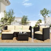 Outdoor, Patio Furniture Sets, 5 Piece Conversation Set Wicker Rattan Sectional Sofa with Seat Cushions (Color: Beige)