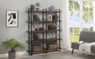 Home Office 5 Tier Bookshelf, Industrial Bookcase for Office with Metal Frame, X Design Etageres Storage Shelf (Color: Espresso)