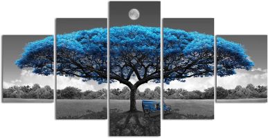 Canvas Wall Art for Living Room Decor-Blue Tree Wall Paintings-Nature Wall Art-Landscape Picture Framed Artwork for Bedroom Home Decoration-5 Panels (Color: Blue)