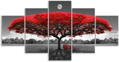 Canvas Wall Art for Living Room Decor-Blue Tree Wall Paintings-Nature Wall Art-Landscape Picture Framed Artwork for Bedroom Home Decoration-5 Panels (Color: Red)