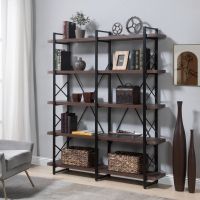 [VIDEO] Home Office 5 Tier Bookshelf, X Design Etageres Storage Shelf, Industrial Bookcase for Office with Metal Frame (Color: Espresso)