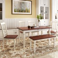 Stylish Wooden Furniture Kitchen Table Set 6-Piece with Ergonomically Designed Chairs (Color: Brown+Cottage White)