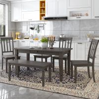 Stylish Wooden Furniture Kitchen Table Set 6-Piece with Ergonomically Designed Chairs (Color: Gray)
