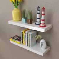 2 White MDF Floating Wall Display Shelves Book/DVD Storage (Color: White)
