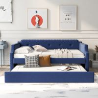 Upholstered Daybed with Trundle, Wood Slat Support,Upholstered Frame Sofa Bed , Twin (Color: Blue)