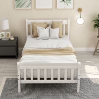Wood Platform Bed Twin Bed Frame Panel Bed Mattress Foundation Sleigh Bed with Headboard/Footboard/Wood Slat Support (Color: White)