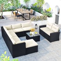 9-piece Outdoor Patio Large Wicker Sofa Set, Rattan Sofa set for Garden, Backyard,Porch and Poolside, Gray wicker (Color: Beige)