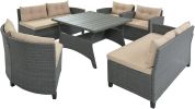 6-Piece Outdoor Wicker Sofa Set, Patio Rattan Dinning Set, Sectional Sofa with Thick Cushions and Pillows, Plywood Table Top, For Garden, Yard, Deck